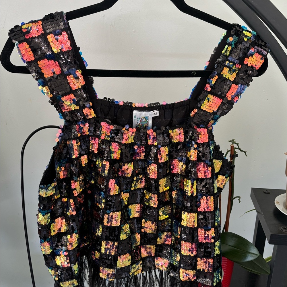 NWOT QUEEN OF SPARKLES Multicolor Sequin Checkered Top